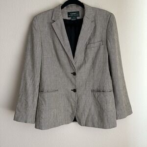 Lauren Ralph Lauren Blazer Womens 10 Tan Black Micro Houndstooth Linen Blend